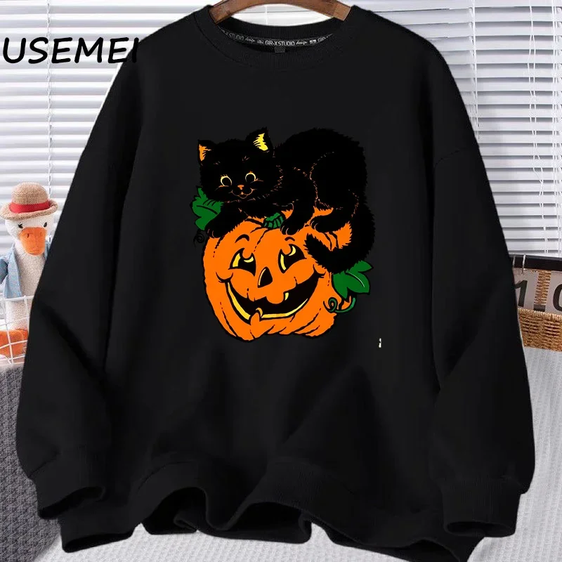 Black Cat Pumpkin Crewneck Sweatshirt Ghots Cat Retro Halloween Gothic Hoodies Fall Halloween Cat Mama Clothing Autumn Outerwear