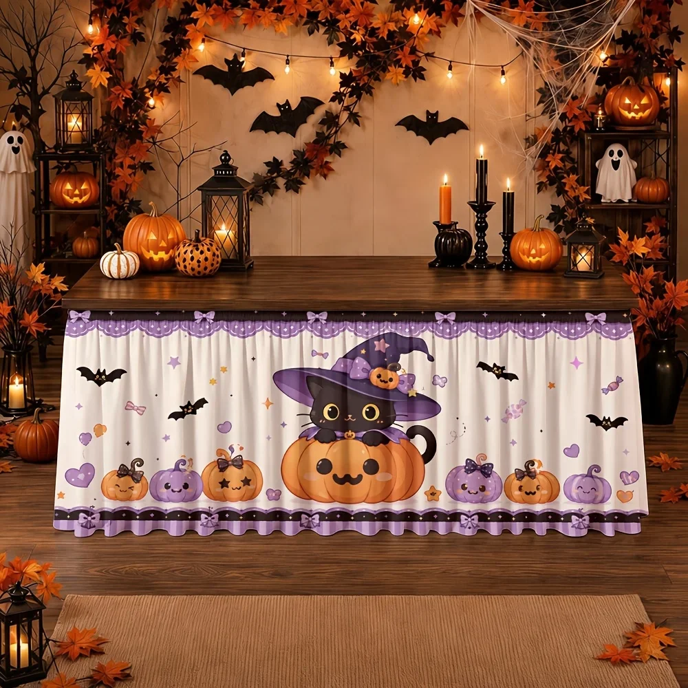 Send a tablecloth and table skirt 1 piece. Halloween cat, pumpkin, purple bat, heart-shaped, festive, imaginative.xzj