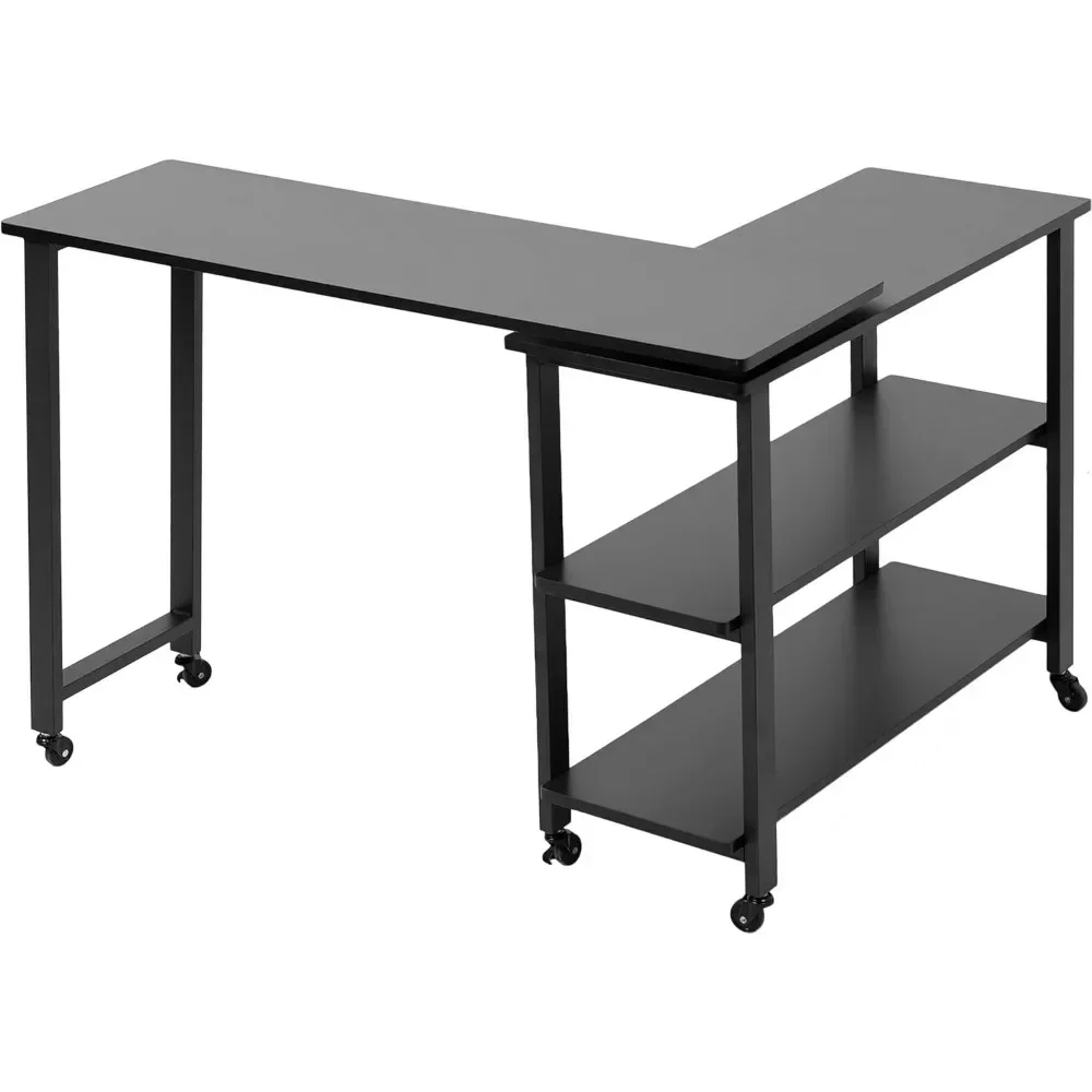 Swivel Out Sofa Table With Storage, Mobile Side Table For Couch, 3-Tier Shelves, Rolling Laptop Desk, L-Shape Or Rectangula