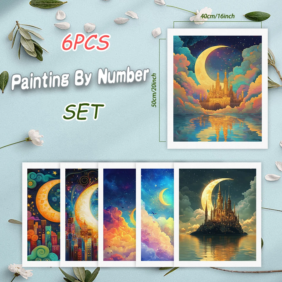 6pcs DIY Paint By Numbers Kit Moon City HandPainted Art For Living Room Art Supplies Painting House Wall Decoration Painting