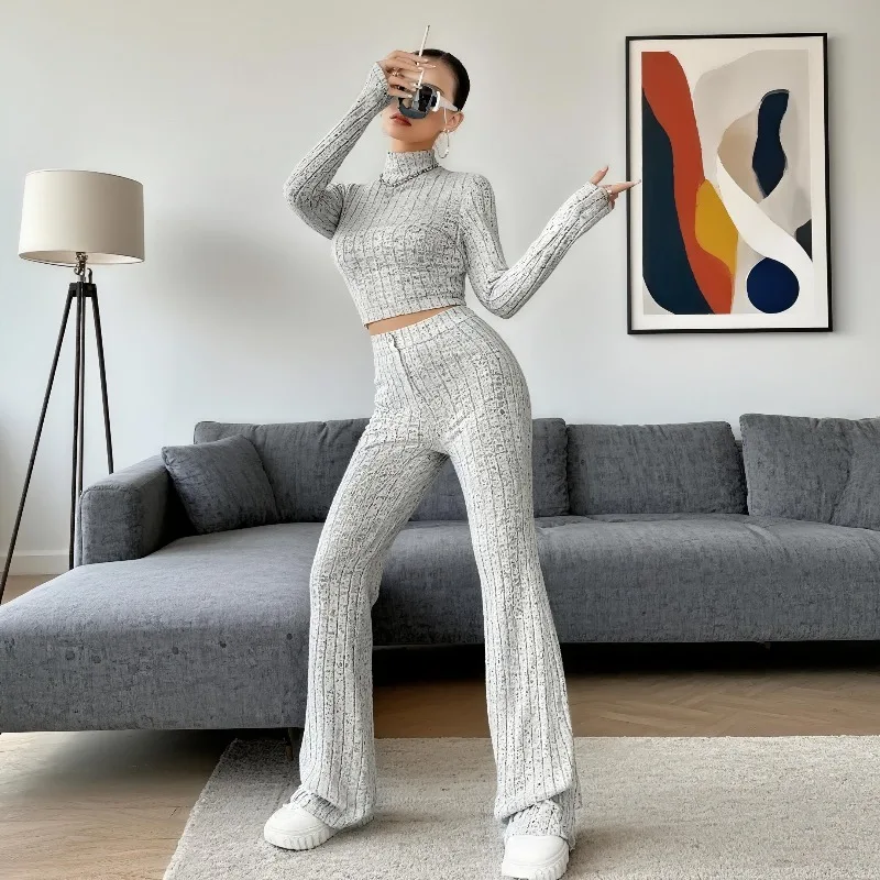 

Autumn and Winter Women's Fashion Knitted Long Sleeve Waist Set Hoodie High Collar Loose Long Sleeve Long Pants Two Piece Set