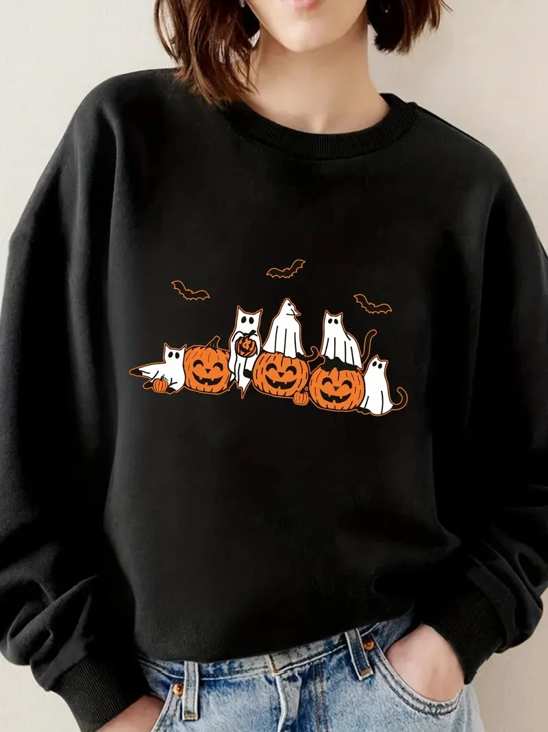 Halloween cute pumpkin ghost printed hoodie, casual pullover fitness comfortable sweatshirt long sleeve hoodie, women's clothing