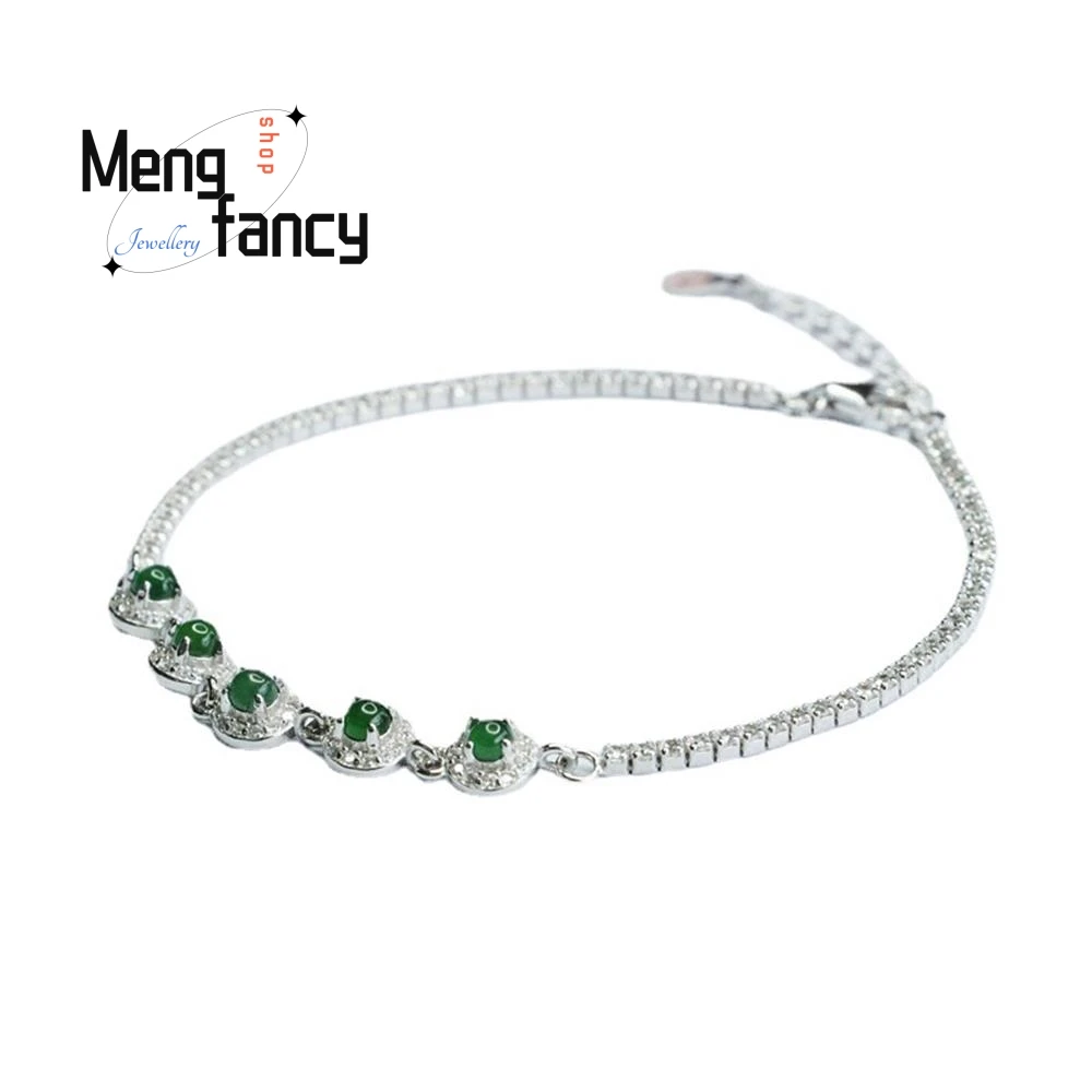 S925 Silver Lnlaid Natural Jadeite In Ice Type Imperial Green Bracelet Exquisite Elegant Charm High-grade Luxury Quality Jewelry