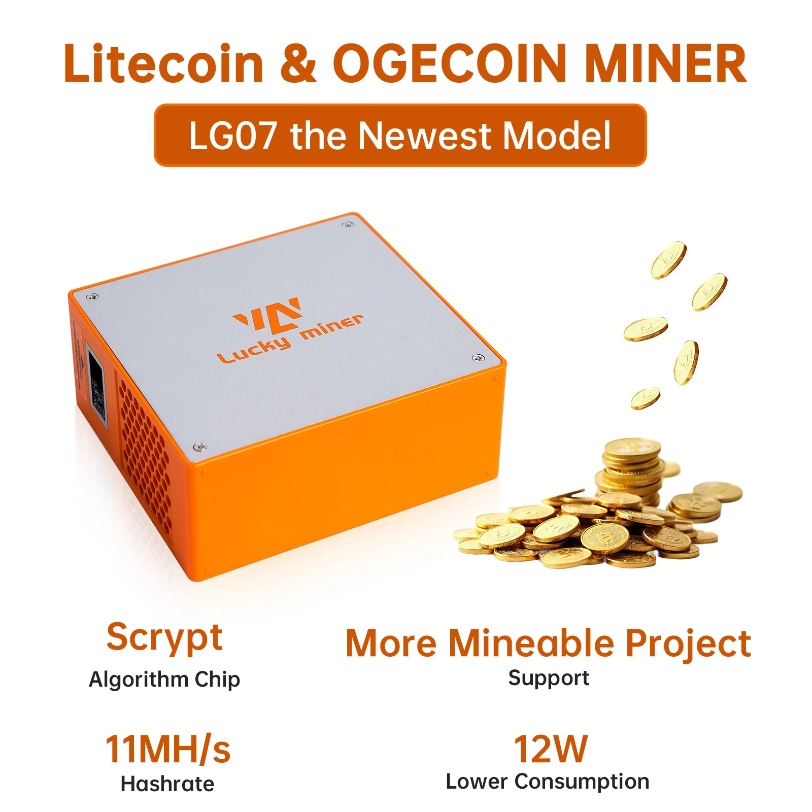 Litecoin&Dogecoin Miner Lucky Miner LG07 Scrypt Algorithm ASIC Miner 11MH/S 2.4GHz WiFi or Hotspot Quiet Include PSU，Orange