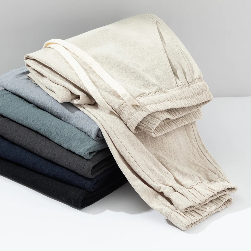 

Мужские летние тонкие льняные брюки больших размеров из хлопка и льна, повседневные, укороченные, из ледяного шелка, свободного кроя, с эластичным поясом, молодежные, модные