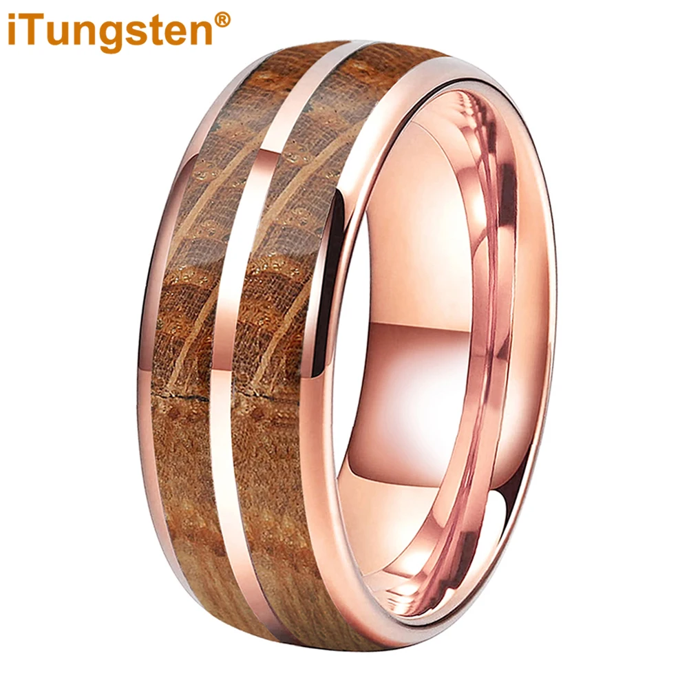 

iTungsten 8mm Very Nice Whiskey Barrel Oak Wood Ring Men Women Tungsten Wedding Band Domed Polished Shiny Comfort Fit