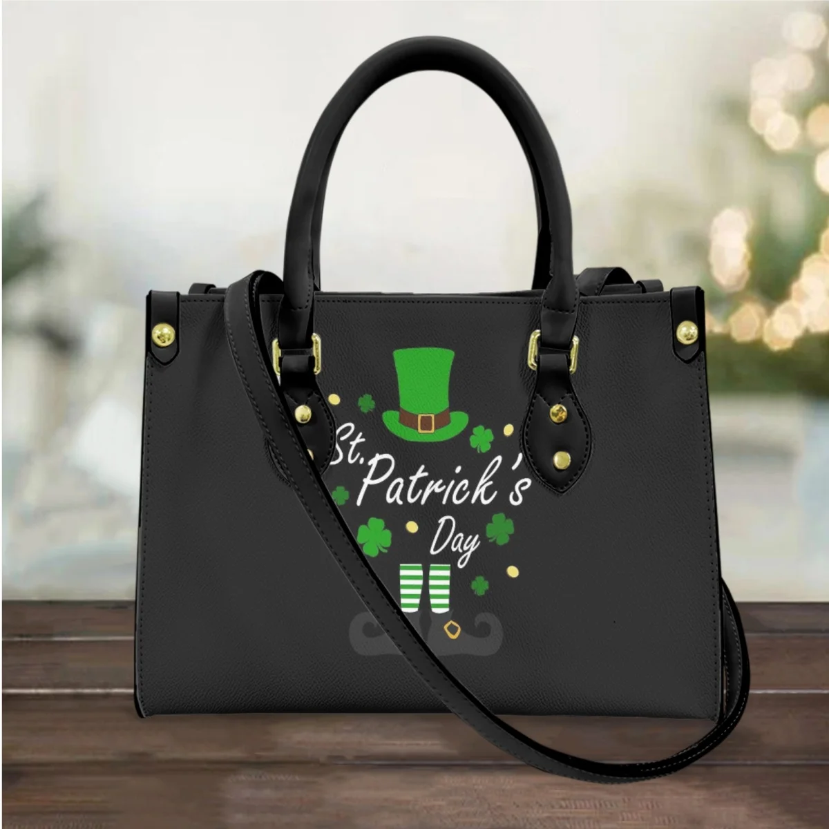 

St.Patrick's Day Black Women Handbags Luxury Leather Ladies Cross Body Bags Lucky Shamrock Irish Day Tote Shoulder Bag for Girl