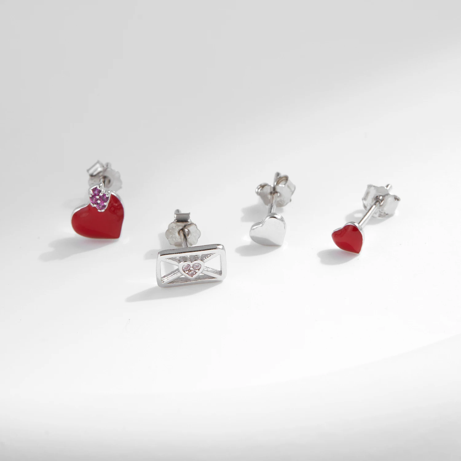 MODIAN 4 SZTUK 925 Sterling Silver Sweet Red & Mirror Heart Love Letter Tiny Earrings Zestaw dla kobiet Drobna biżuteria Prezenty rocznicowe — zdjęcie 7