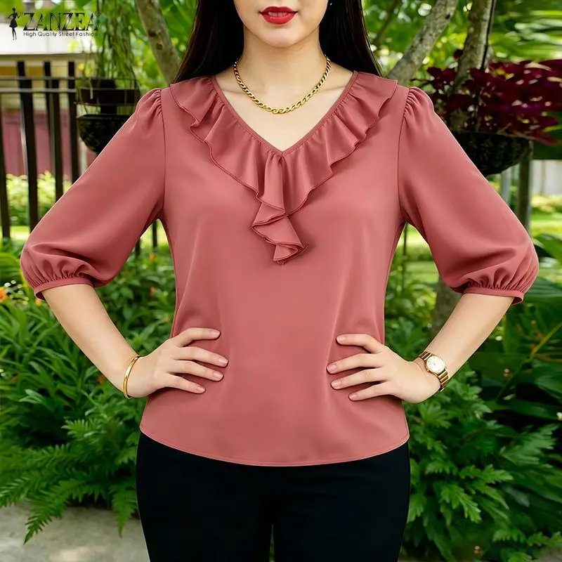 

Office Blouse ZANZEA Summer Elegant Ruffled Shirt Women Tops Stylish V Neck 3/4 Sleeve Holiday Blusas Female Solid OL Work Tunic