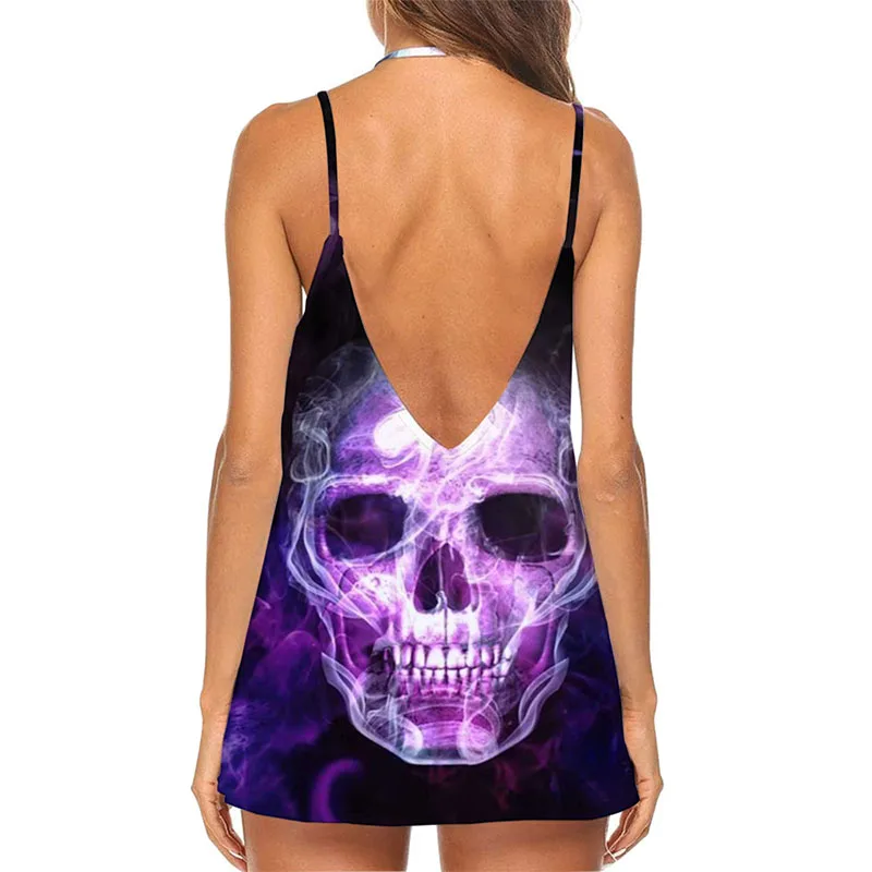 T-shirt da donna Gothic 2023 Summer Turtle Neck Skull e top senza maniche scavato stampato bohémien New top in nero