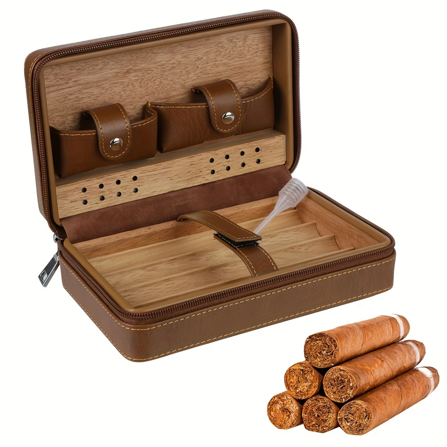 Portable Cedar Wood Cigar Humidor Case with Hygroscopic Design, Insect-Proof Hygrometer, and Humidifier - Ideal On-the-Go Cigar