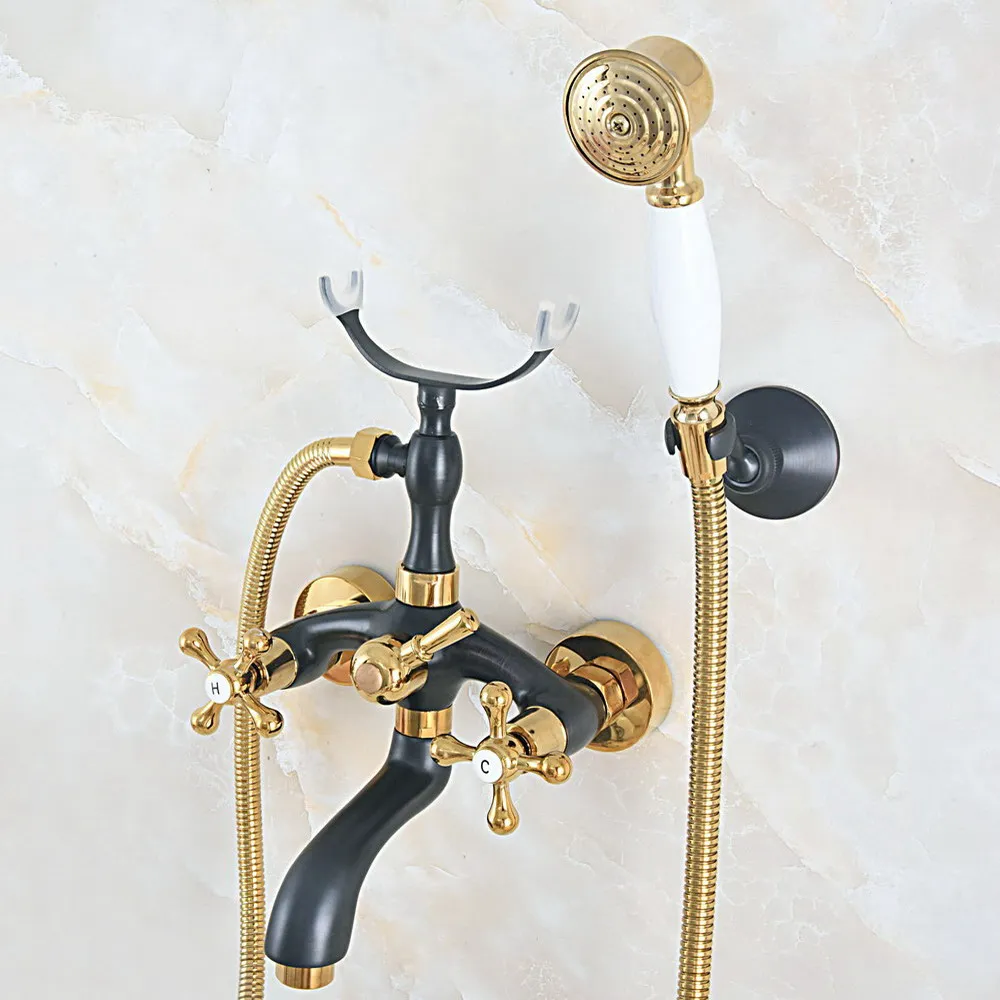 

Gold & Black Oil Rubbed Brass Wall Mounted Bathroom Bath Tub Faucet Set with 1500MM Hand Held Shower Spray Mixer Tap 2na581