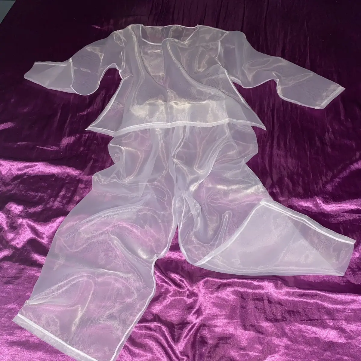 Thin Plastic Seamless See Through Women Men 2 Pieces Set Glossy Sleeping Plus Size Top Pants