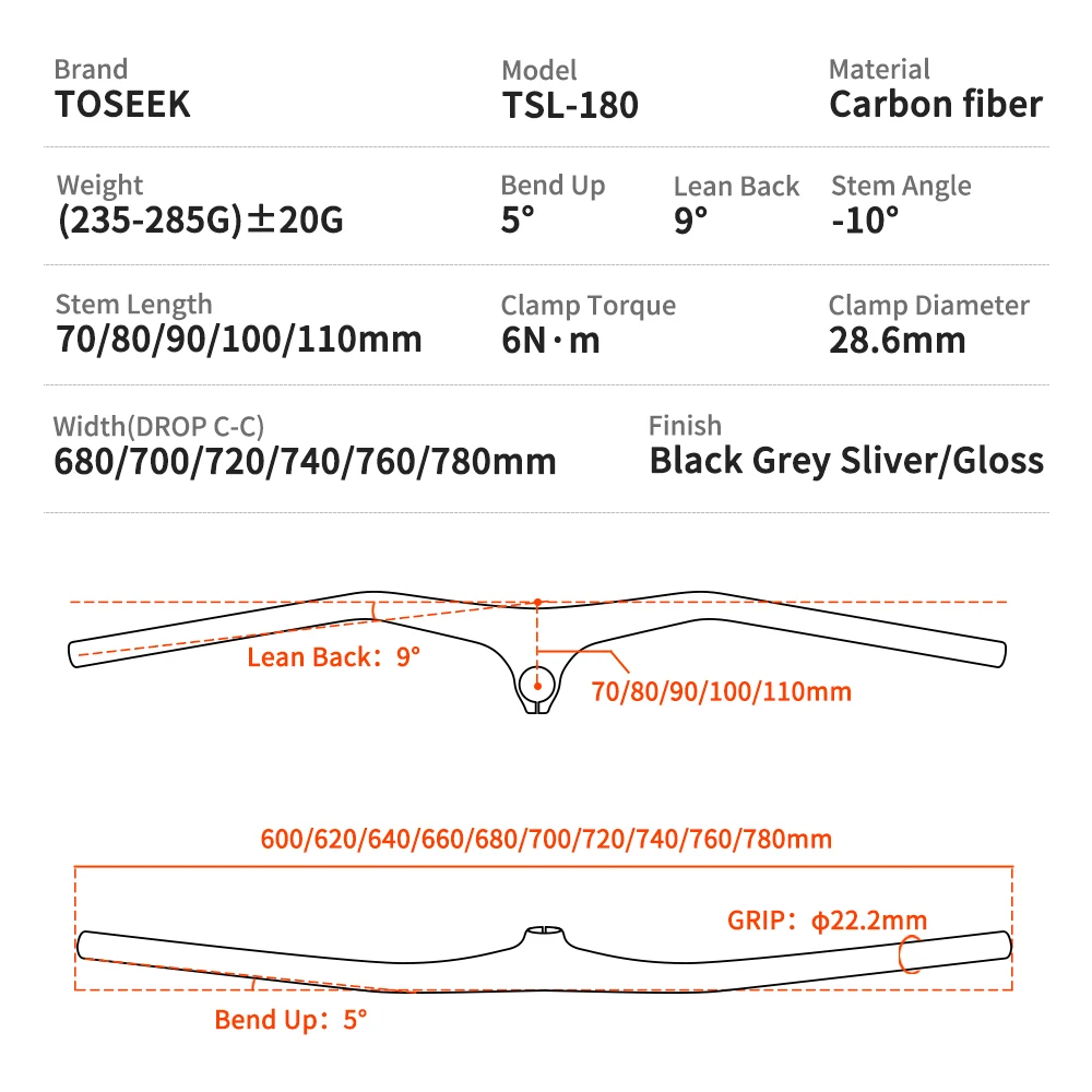 TOSEEK TSL180 Mtb Handlebars And Stem -10Degree Carbon Integrated Handlebar 260g Width780-70/80/90/100/110mm For Mountain Bike