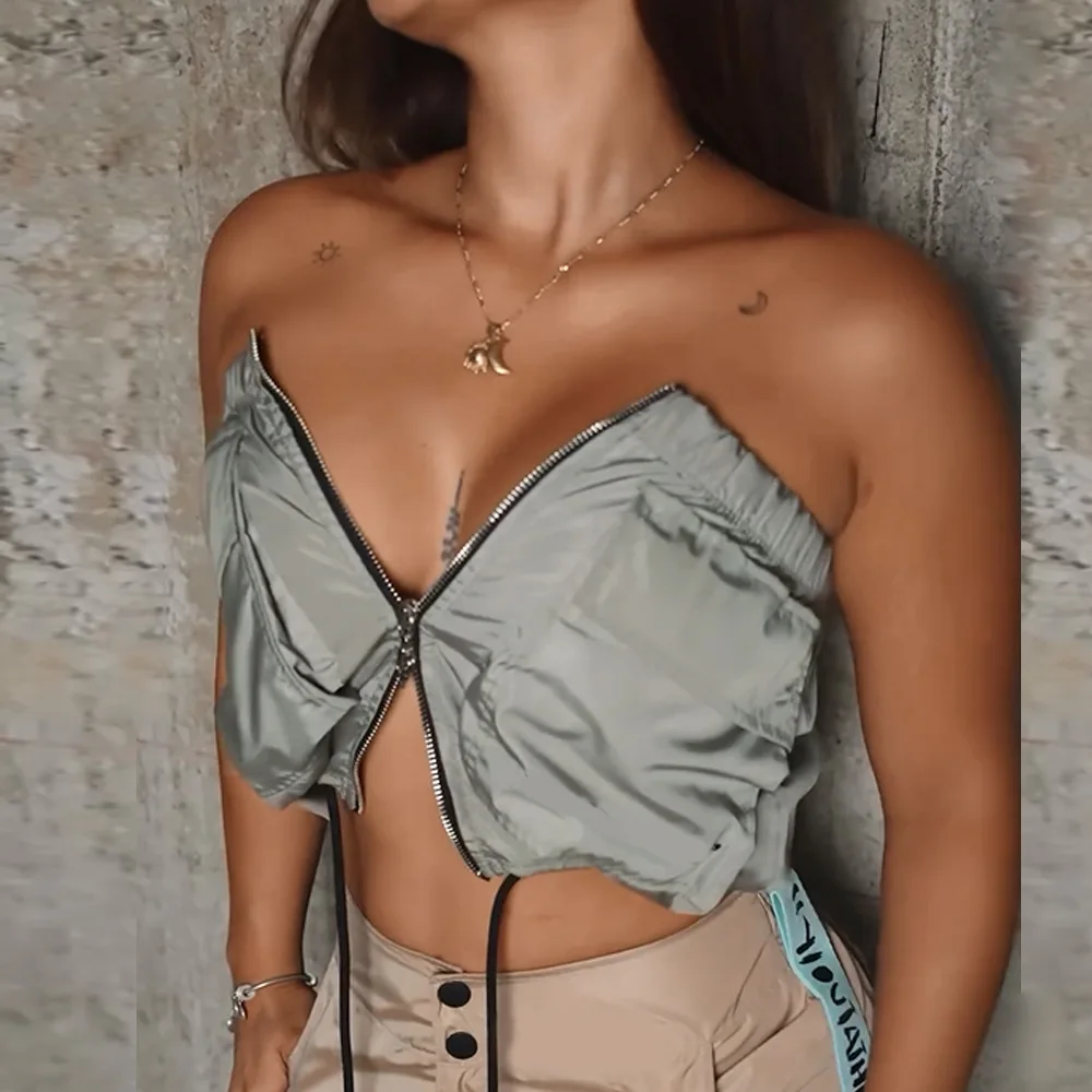 THRUM Cross-border Streetwear Crop Top Wrap Bust Zipper Waist Bandage Sexy Midriff Cutout Spicy Girl Sleeveless Tube Blouse