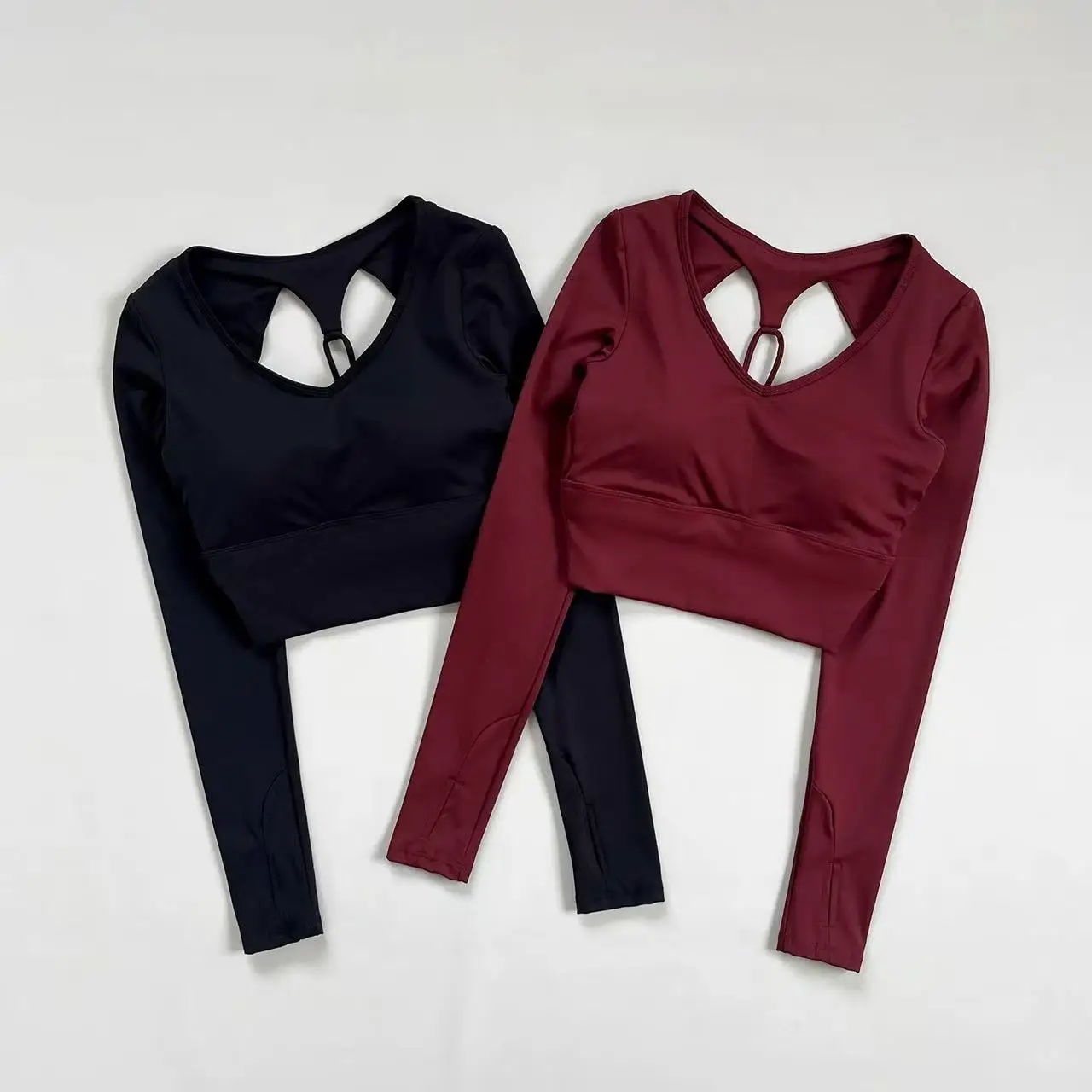 Sexy sem costas yoga wear feminino tripulação pescoço manga longa emagrecimento curto roupa de fitness com almofadas no peito camiseta de secagem rápida topo