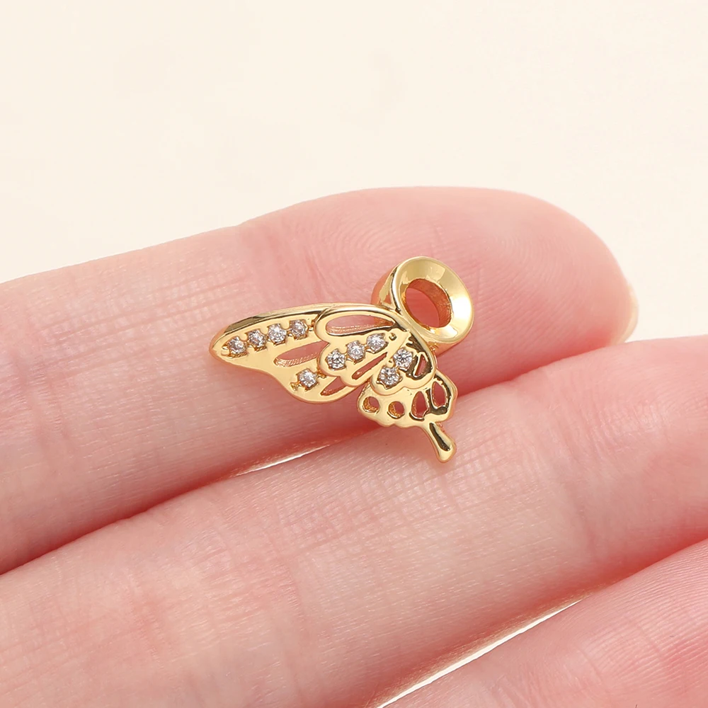 1 Uds. Cuentas espaciadoras de alas de mariposa chapadas en oro de 14/18K con circón para pulsera DIY, collar, accesorios para hacer joyas