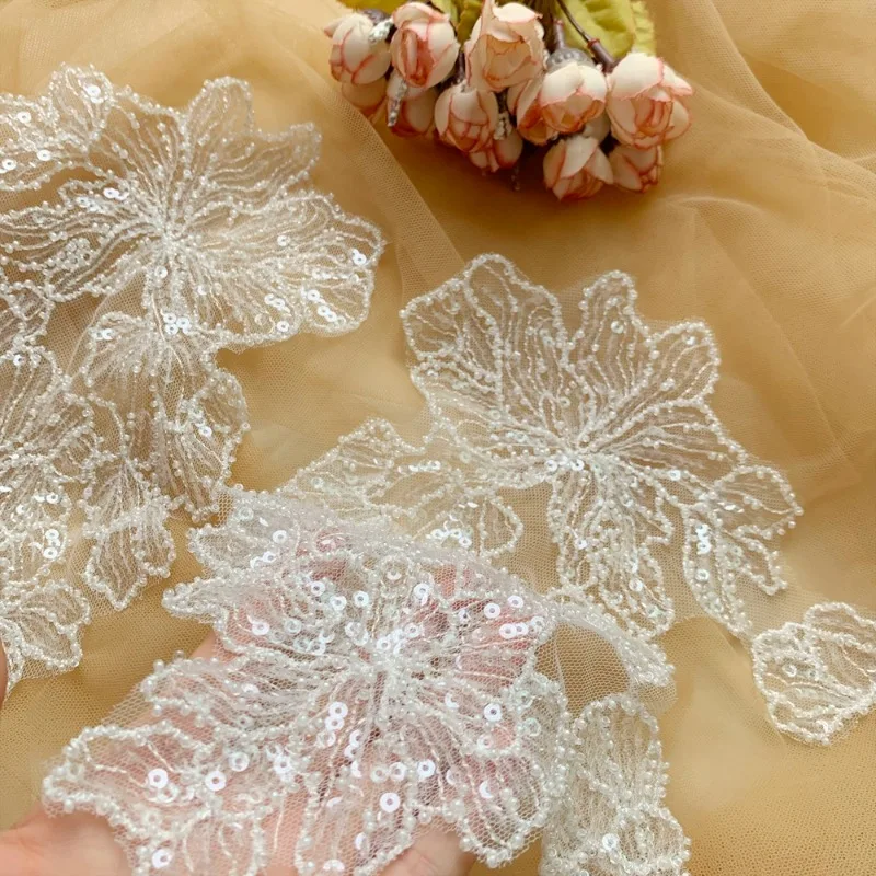 Delicate Wedding Sequins Head Ornaments, Body Lace Applique, Ivory White Dress, DIY Lace Trim, 1Pair, 19x25cm