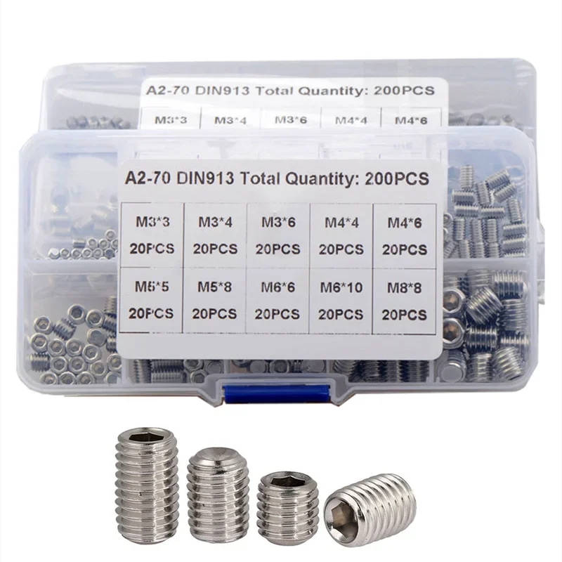 200pcs Hex Hexagon Socket Set Screw Flat Point Grub Screw Assortment Kit stainless steel M3M4 M5 M6 M8 Headless Set Screw DIN913