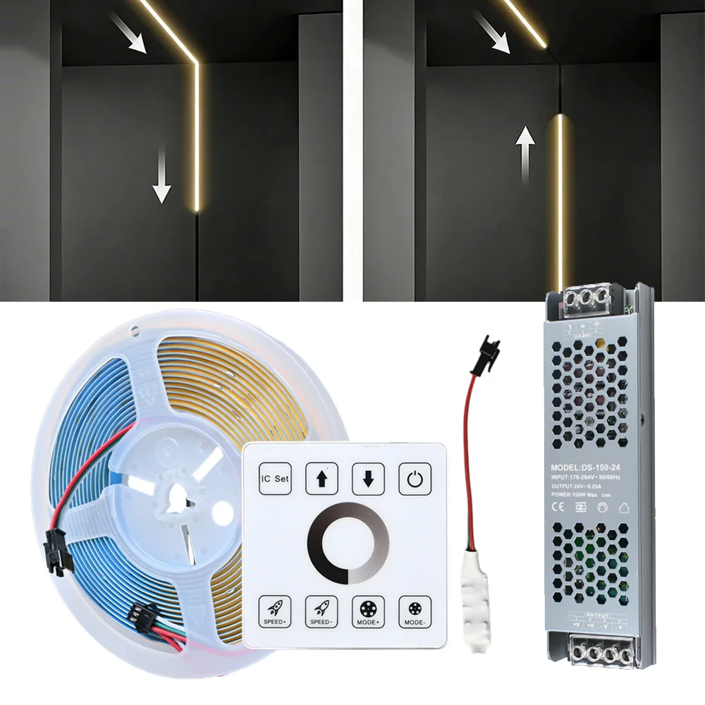 5m 10m 20m COB Running Water Flowing LED Strip 24V Warm White Natural Dimmable Flexible Room Line Light RF Wall Touch Remote Kit