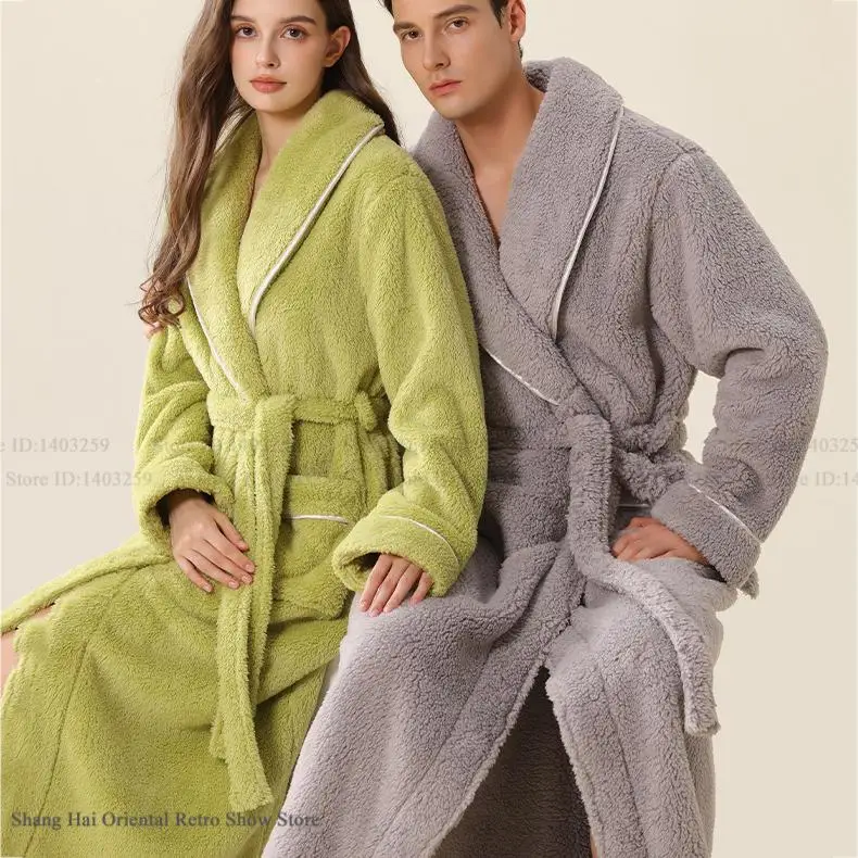 

Thicken Warm Coral Fleece Couple Long Robe Sleepwear Winter Flannel Kimono Gown Bathrobe Loose Home Dress Lounge Wear Nightwear