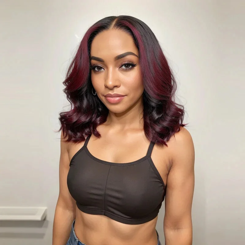 Bob Black Wig With Purple Short Wavy  Hair T Lace Front Wigs