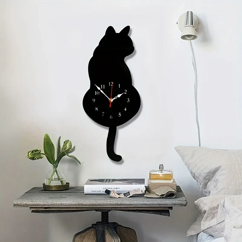 1pc Whimsical Black Cat Pendulum Wall Clock with Moving Tail - Fun and Unique Home Decor for Living Room Office Café and Bedroom