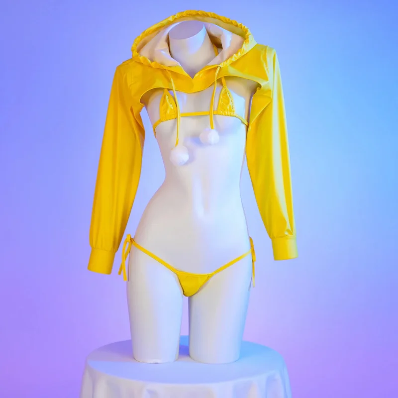 2025 New Anime Pu Leather Bikini Set Hoodie Top Cosplay Costume Sexy Japanese Girl Underwear Nightgown Role Play Student Outfits