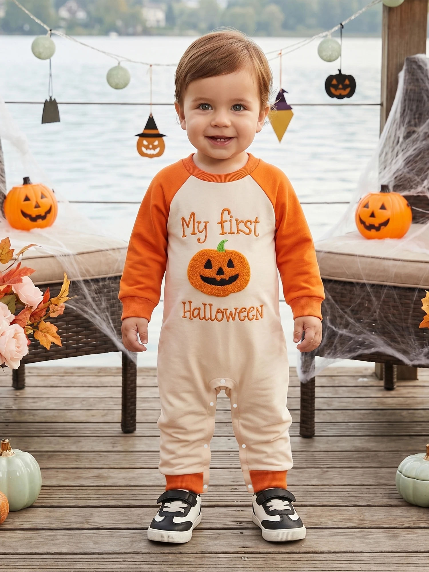 Baby-Halloween-Strampler mit Kürbis-Buchstaben-Stickerei, langer Raglan-Ärmel-Overall, niedliche Herbst-Feiertagskleidung für Kleinkinder, Jungen und Mädchen – Detail 6
