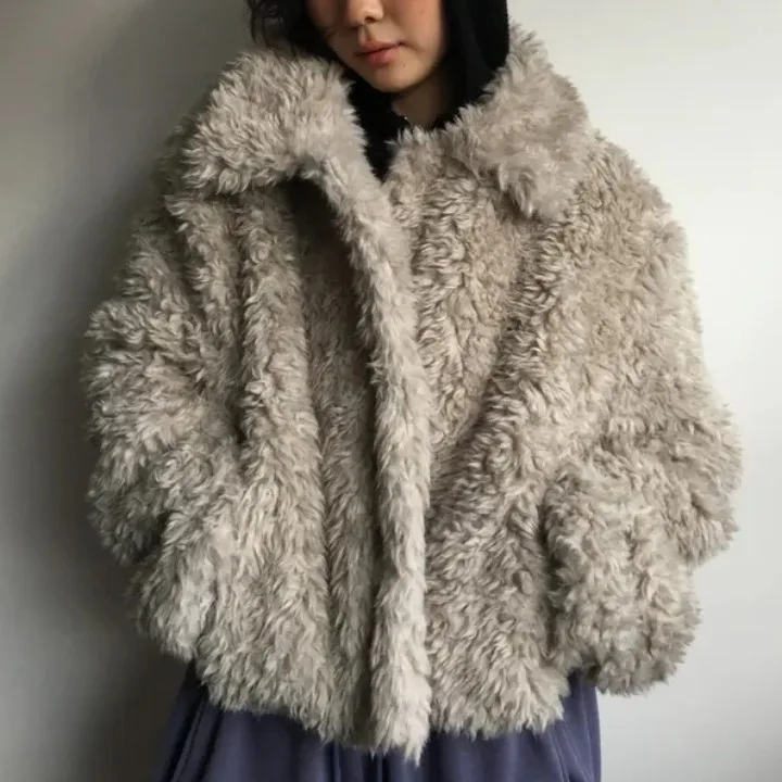 

Chic Autumn Winter ort Coat Warmth Collar Lamb Fur Quilted Jaet Youthful Vintage Design Sense Elegance for Young Women