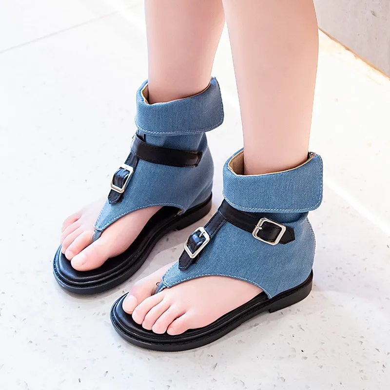 

Girls Denim Flip Flops Soft Sole Children High Top Roman Sandals Peep Toe Summer Fashion Kids Short Boots All Match 2024 New