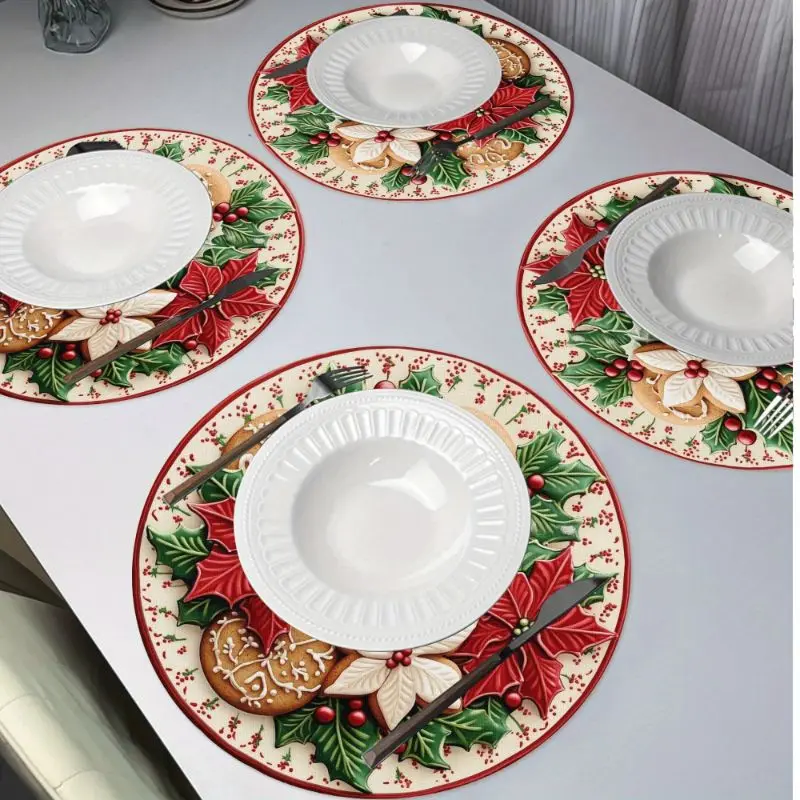 VIKAMA Xmas Poinsettia Cookie Placemat Cream Linen Red Blossom Holly Leaf Gingerbread Candy Cane Holiday Dining Table Mat Soft