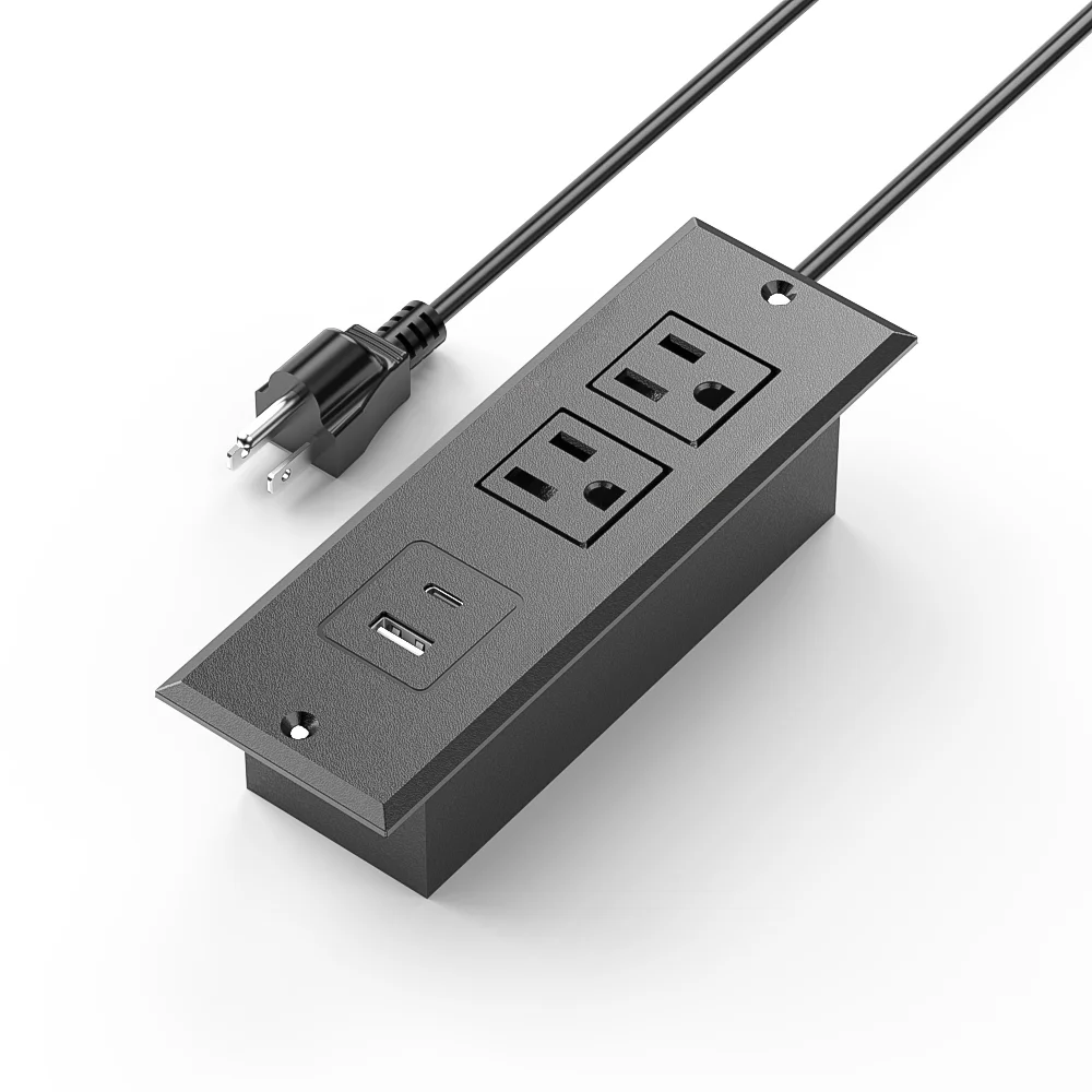Recessed Desktop Power Strip 2 AC Outlets USB C USB A Mountable Flat Plug Fits Tabletop Sofa Cabinet Nightstand