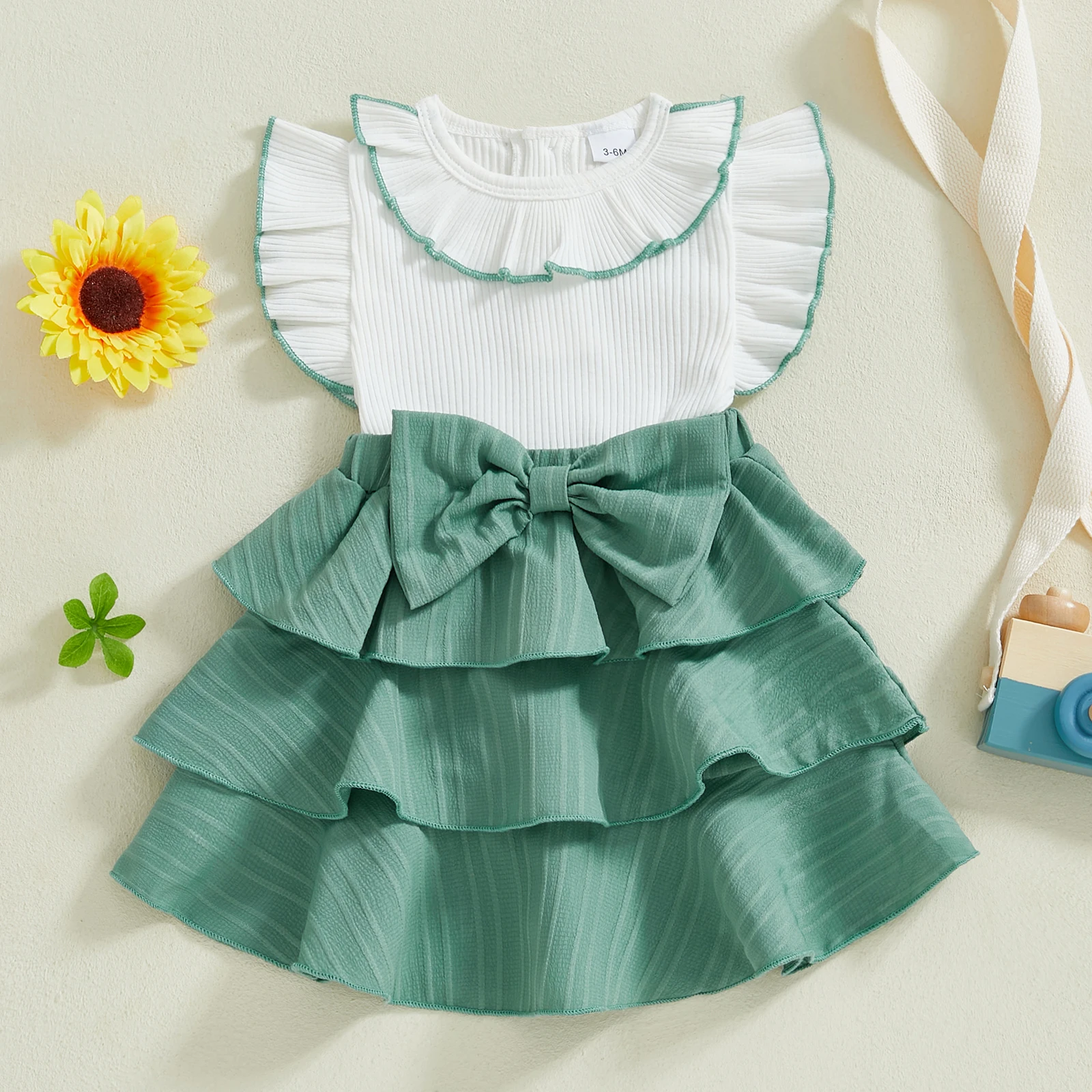 1-4Y Baby Girl Summer Sweety Princess Dress Casual Short Sleeve Doll Collar Bow Front Dress Toddler Kids Patchwork Cake Dress