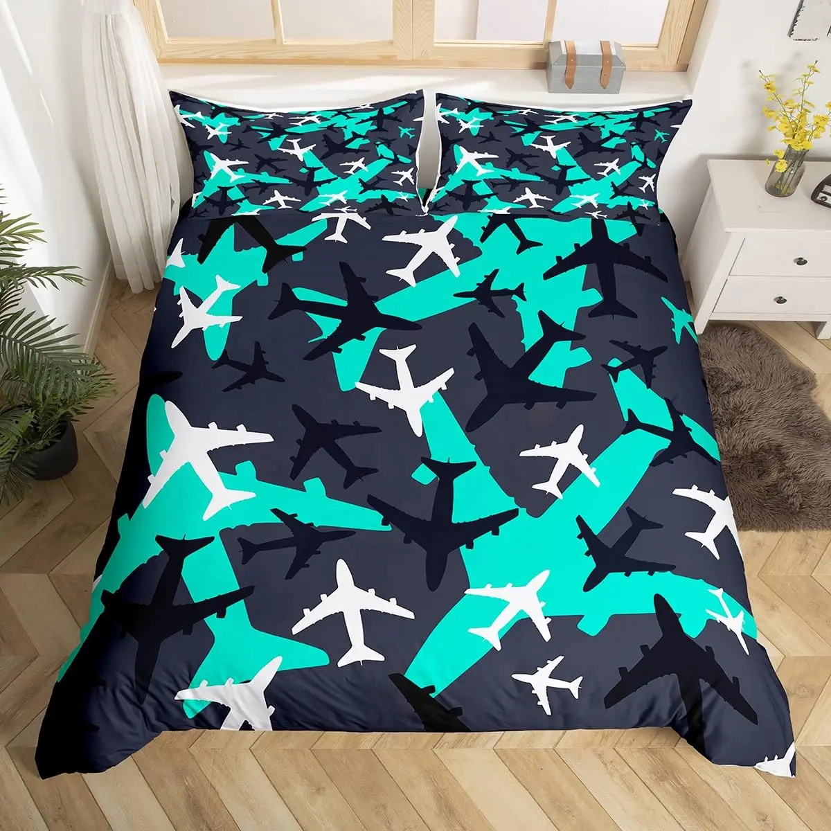 Cartoon Aircraft Duvet Cover Set Full Size Blue Green Airplane Bedding Set 3Pcs Army Camo Comforter Cover for Kids Boys Teen Men