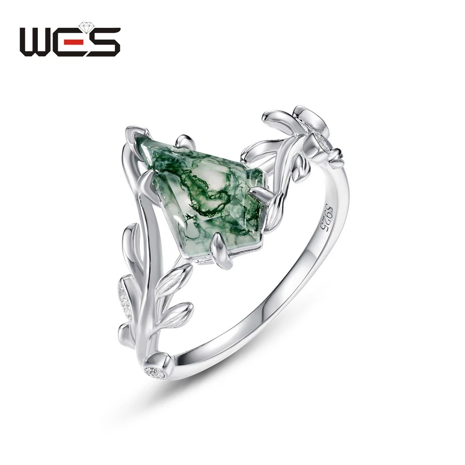 

WES 925 Sterling Silver Natural Moss Agate Olive Branch Rings for Women Gemstone 8*12mm Wedding Gifts Certified Luxury Jewelry