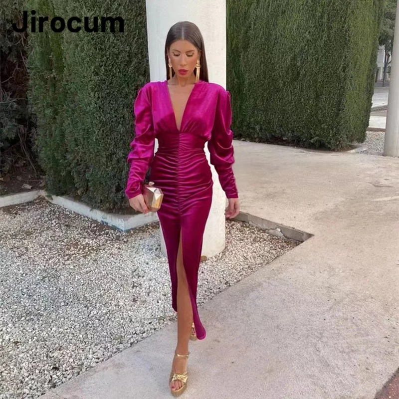 Jirocum Fuchsia Velvet Prom Gown Women customized Sexy V Neck Party Evening Gowns Pleated Long Sleeve Front Slit Cocktail Dress