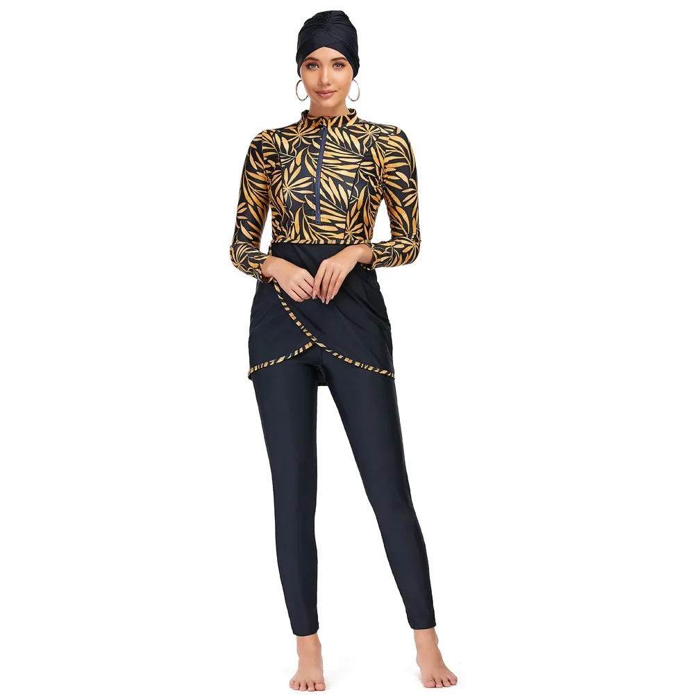 3 Pcs/Set Muslim Swimwear Women\'s Printed Solid Color Patchwork Hijab Long Sleeve Sports Islamic Burkini Wearing Swimwear