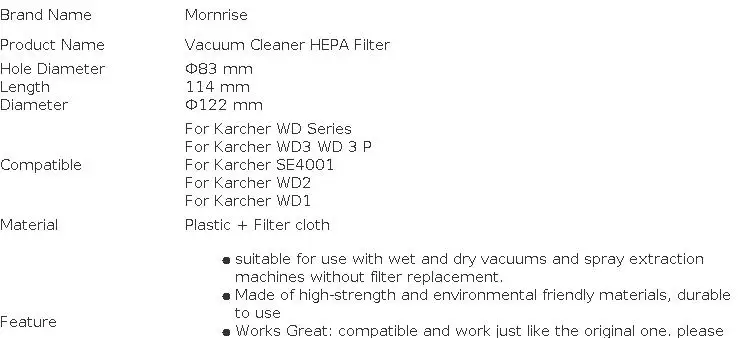 Replacement Cartridge Filter For Karcher WD3 WD 3 P SE4001 WD2 WD1 MV3 Air Dust HEPA Filters Vacuum Cleaner Accessories Parts