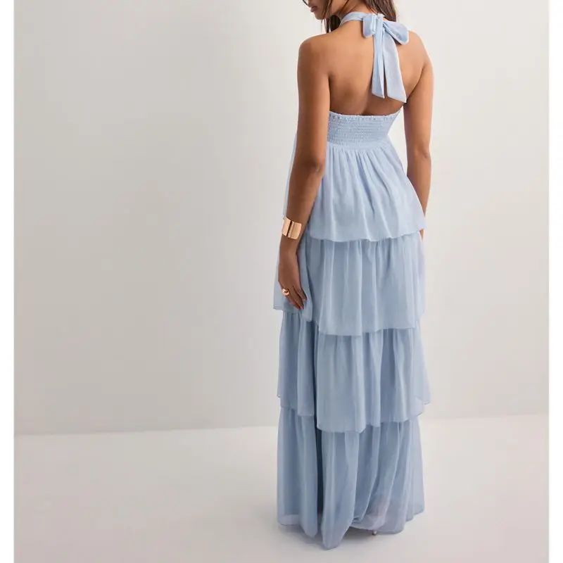 Combhasaki feminino verão elegante sem alças busto torção rendas halter sem costas cintura alta plissado em camadas a linha vestido longo