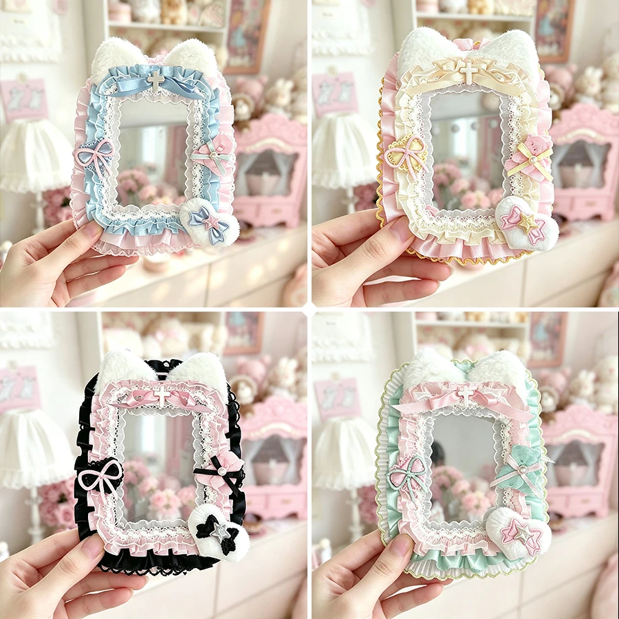 Handgemachter Fotokarten‑Halter mit Plüsch‑Katzenohren, Satin‑Schleifen mit Rüschen, PVC‑Hülle 3 Zoll für Idol‑Karten, Anime‑Karten, 3‑Zoll‑Fotos, Schutzetui für Sammelkarten, Fan‑Zubehör