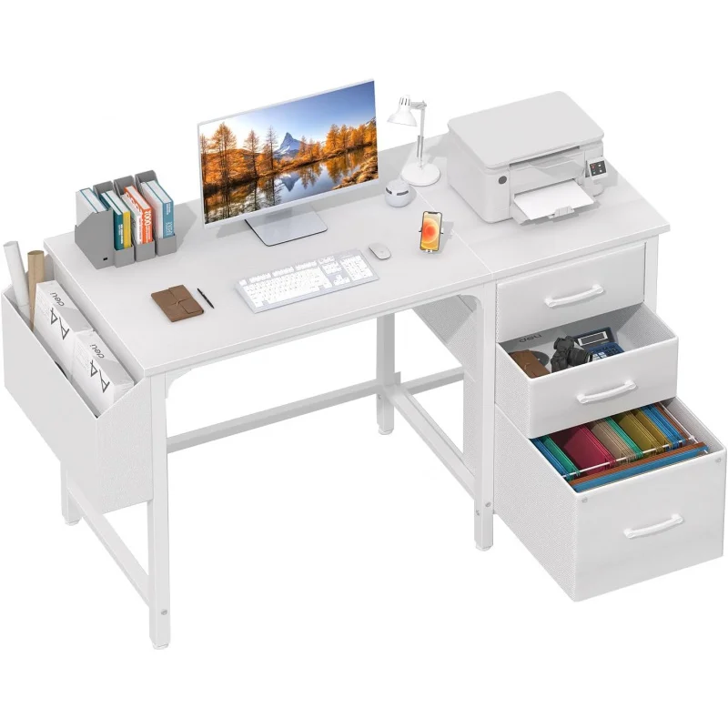 (UUX) White Fabric File Drawers , 47 Inch Reversible Computer Desk with Filing Cabinet for Bedroom Small Spa UQ