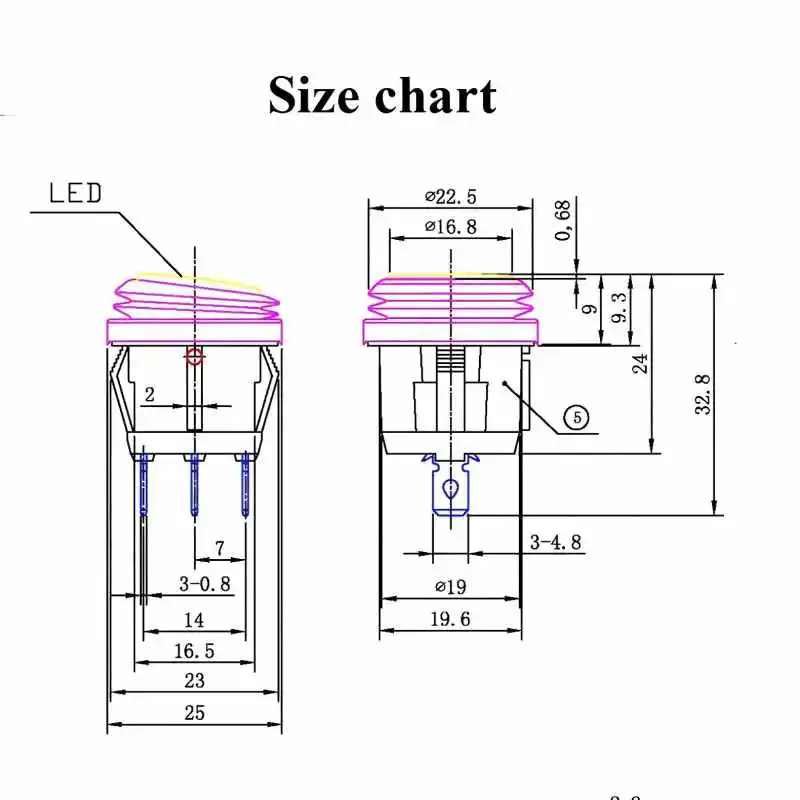 Waterproof boat-type round switch, three-pin two-position KCD1, outer diameter 23MM, hole diameter 20mm, with light, 6A 250V