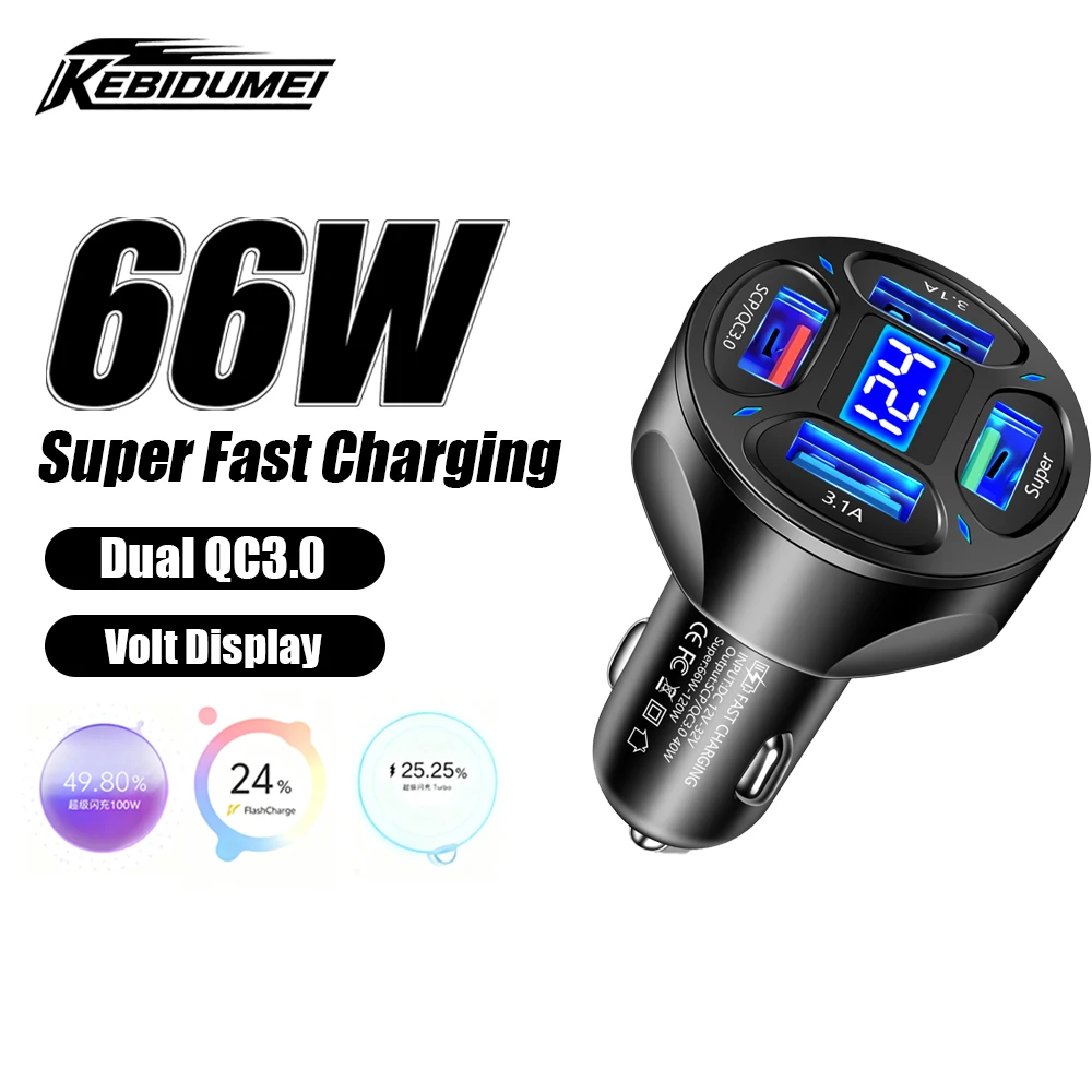 KEBIDUMEI 66W Car Charger with Digital Display 4 Port Cigarette Lighter Socket QC3.0 Fast Charging Power Adapter Car Accessories