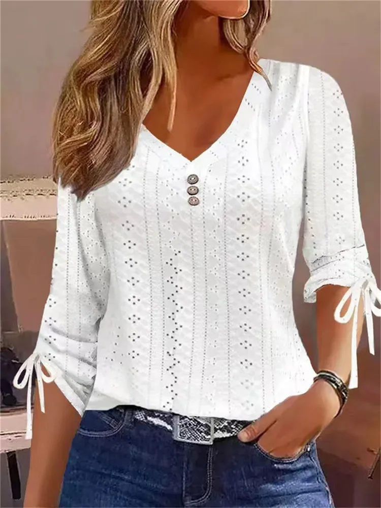 Women Spring Top New Lace Up Solid Color Hollow Women White T Shirt V Neck Long Sleeve Button Casual Loose Lady Autumn T-Shirts