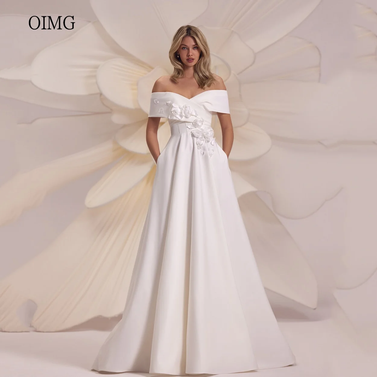 

OIMG Modern A-line Wedding Dress Off The Shoulder Bride Dresses Backless With Flower Wedding Gown vestidos para mujer Customized