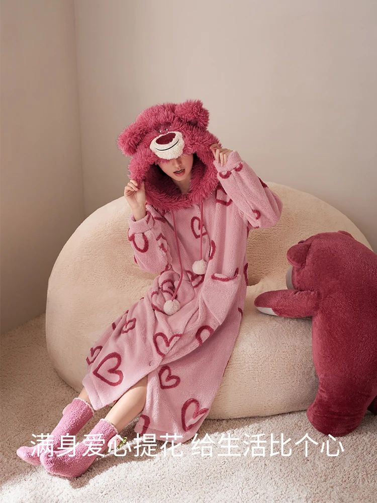 Bear Nightgown Women's Autumn and Winter Coral Fleece Cute Hooded Loungewear Thermal Pajamas Love Patterned Nightgown