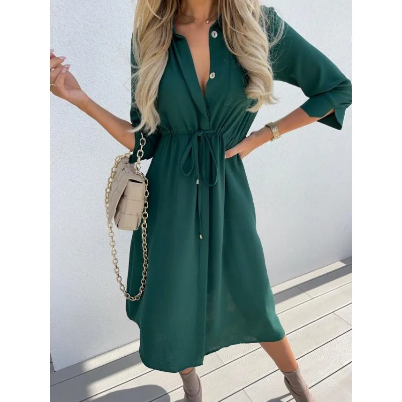 

New Arrivals 2024 Spring Summer New Women's Closing Solid Color Lapel Three-Quarter Sleeve Single-Breasted Lace-up Mid-Length Dr