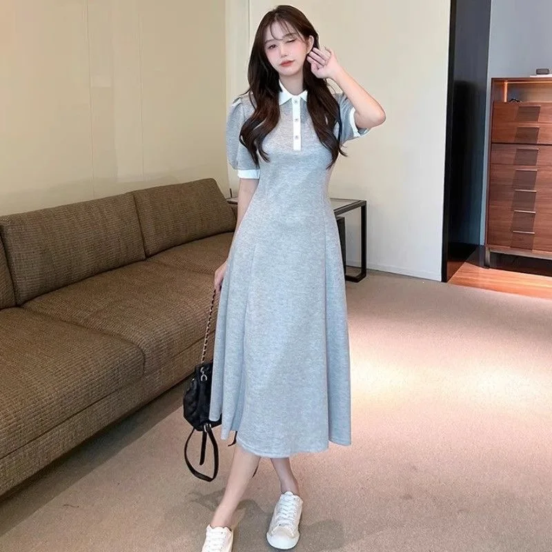 Casual Polo Style Long Dress Women's Summer Leisure Waist-Cinching Patchwork Large Size Midi A-Line Dress Polka Dot Print