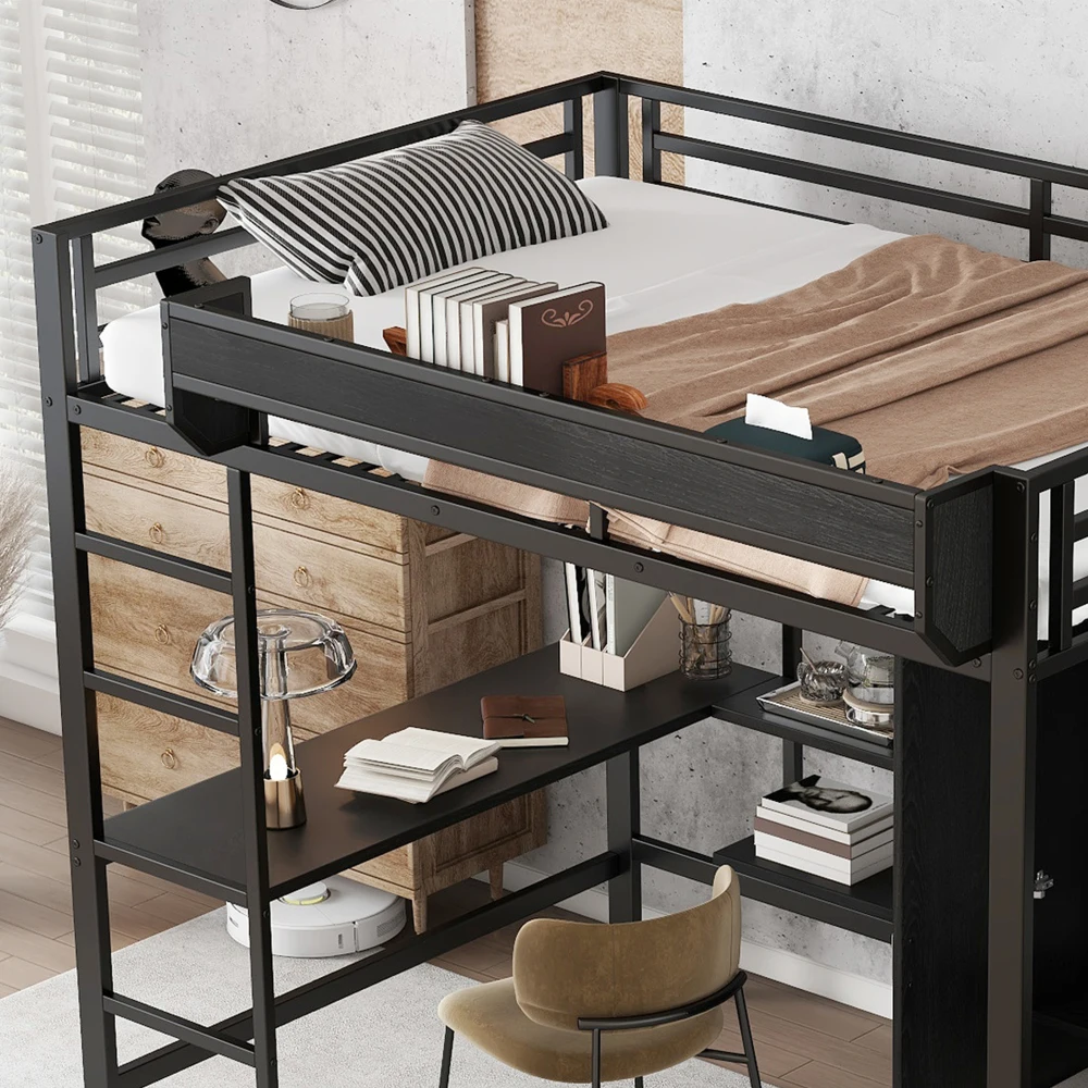 PINGGO Eisen-Hochbett mit Schreibtisch, Doppelstauraum, Kleiderschrank, Eisen-MDF, Schwarz, 140x200cm, ohne Matratze – Detail 17